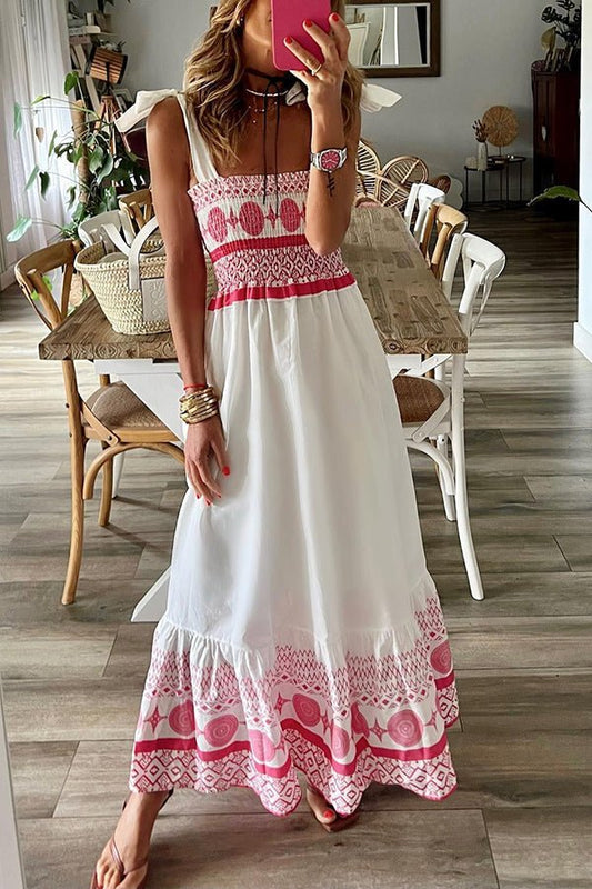 Effortless White Bohemian Maxi Dress for Women with Straight Neck Tie Shoulder Smocked Tiered Flowing Style