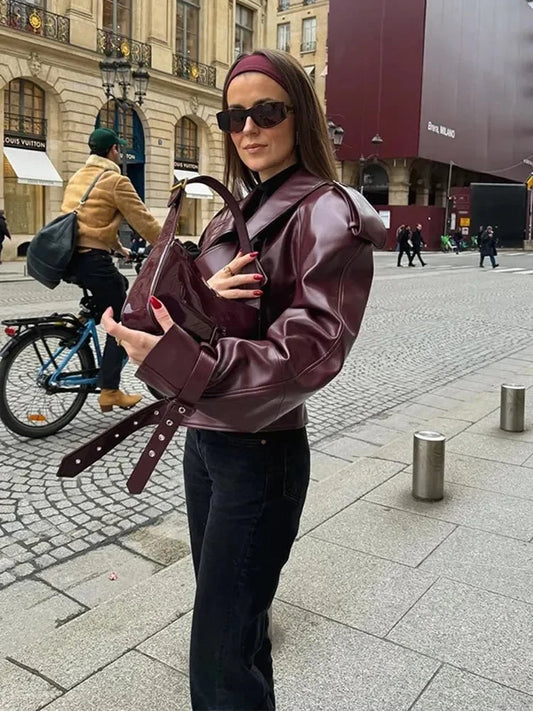 Elegant Burgundy Leather Moto Jacket for Women with Notched Lapel Long Sleeve Belted Oversized Style