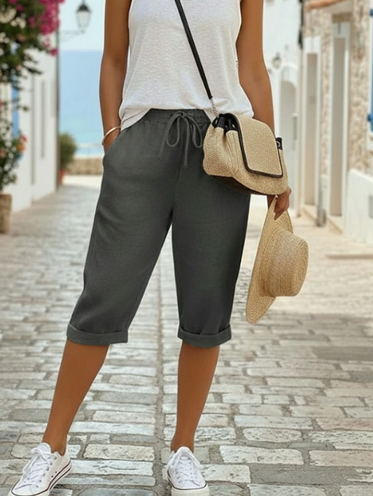 Effortless Linen Capri Pants for Women with High Waist Drawstring Cuffed Hem Relaxed Casual Style