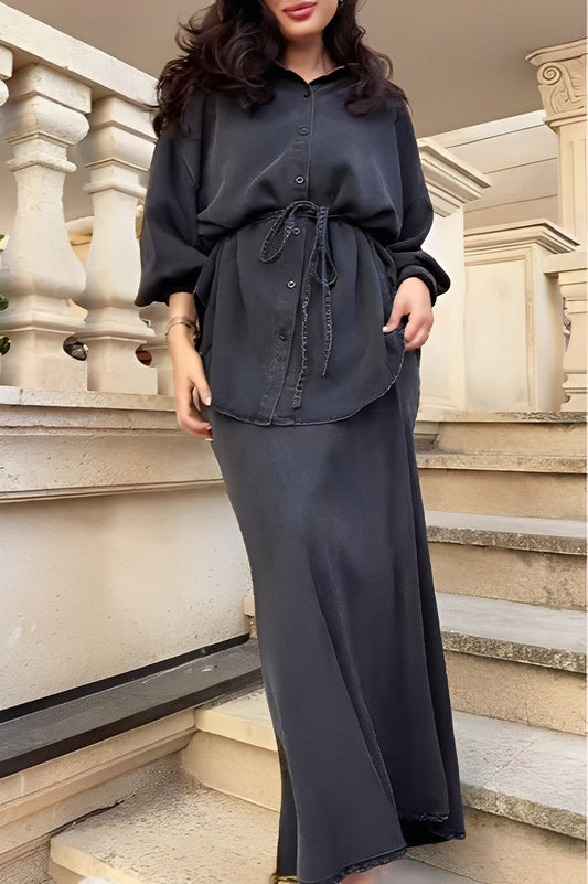 Elegant Satin Two Piece Set for Women with Collared Belted Shirt Maxi Skirt Flowing Style