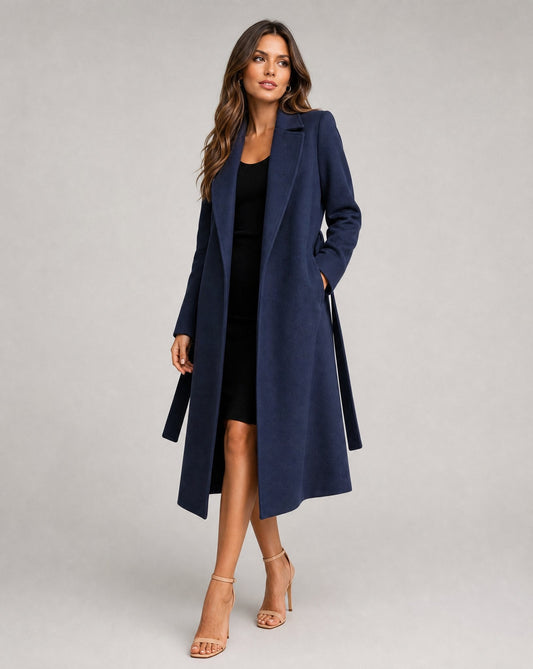 Elegant Navy Wool Coat for Women with Notched Lapel Long Sleeve Belted Wrap Style