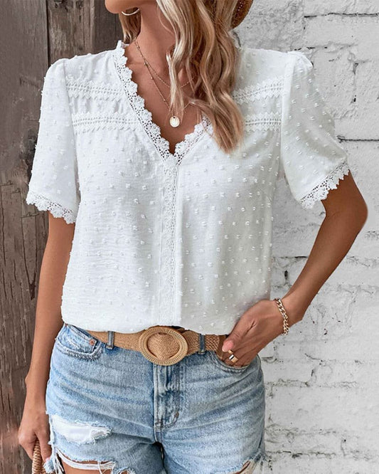 Effortless Swiss Dot Blouse for Women with V Neck Puff Sleeve Lace Trim Boho Style