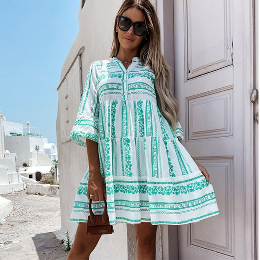 Effortless Border Print Tiered Mini Dress for Women with Notch Neck Bell Sleeve Boho Style