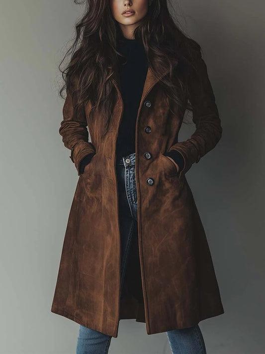 Elegant Suede Longline Coat for Women with Notch Collar Long Sleeve Button Front Flared Casual Style