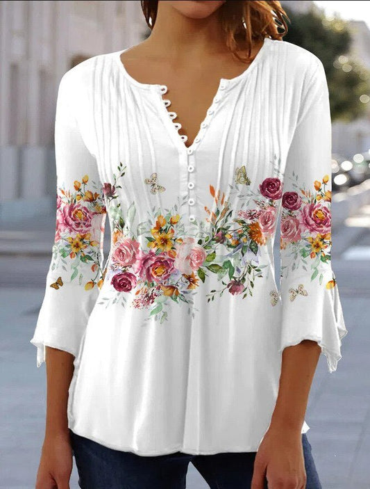 Effortless Floral Print Blouse for Women with V Neck Bell Sleeve Button Front Pintuck Casual Style