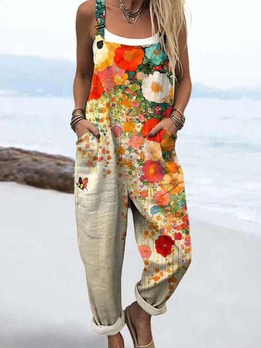 Effortless Multicolour Floral Jumpsuit for Women with Square Neck Sleeveless Wide Leg Bohemian Style