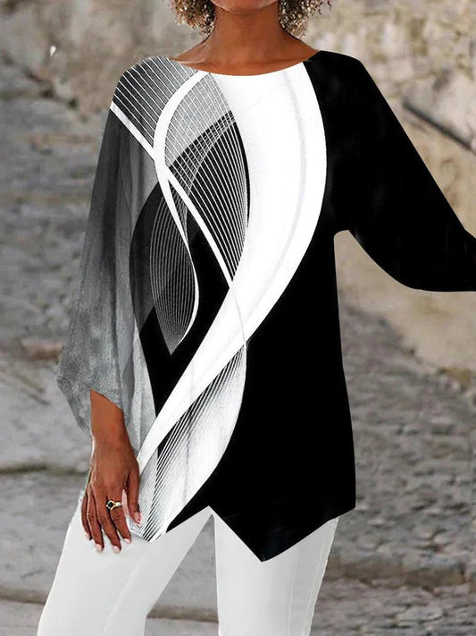 Elegant Black and White Geometric Print Tunic Top for Women with Round Neck Dolman Sleeve Asymmetric Hem Style