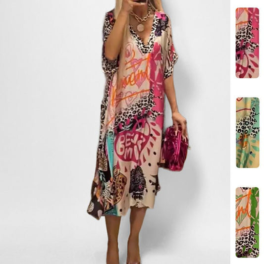 Effortless Leopard Print Kaftan Midi Dress for Women with V Neck Batwing Sleeve Flowing Bohemian Style