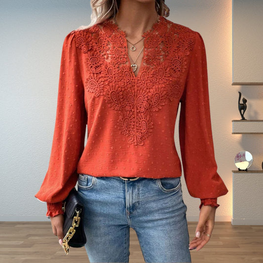 Effortless Swiss Dot Blouse for Women with V Neck Bishop Sleeve Crochet Lace Casual Style