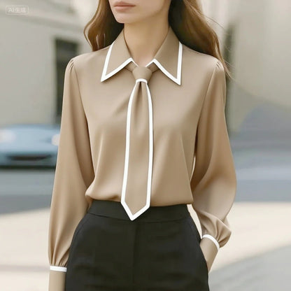 Victoria | Women's Long Sleeve Contrast Trim Tie Neck Button-Down Blouse