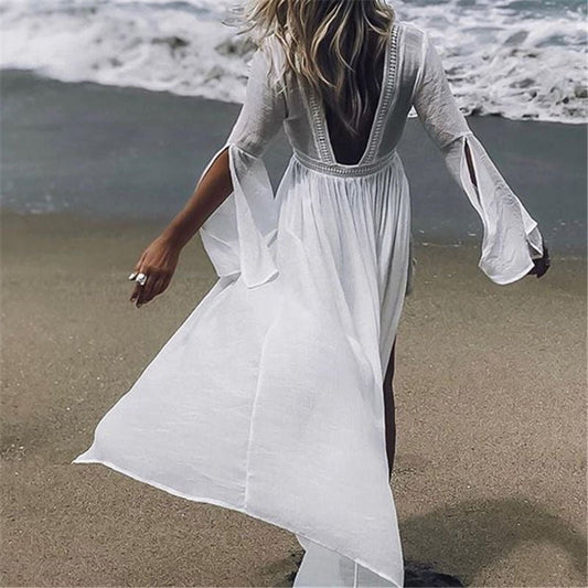 Effortless White Kimono Cover Up for Women with V Neck Bell Sleeve Open Front Flowing Bohemian Style