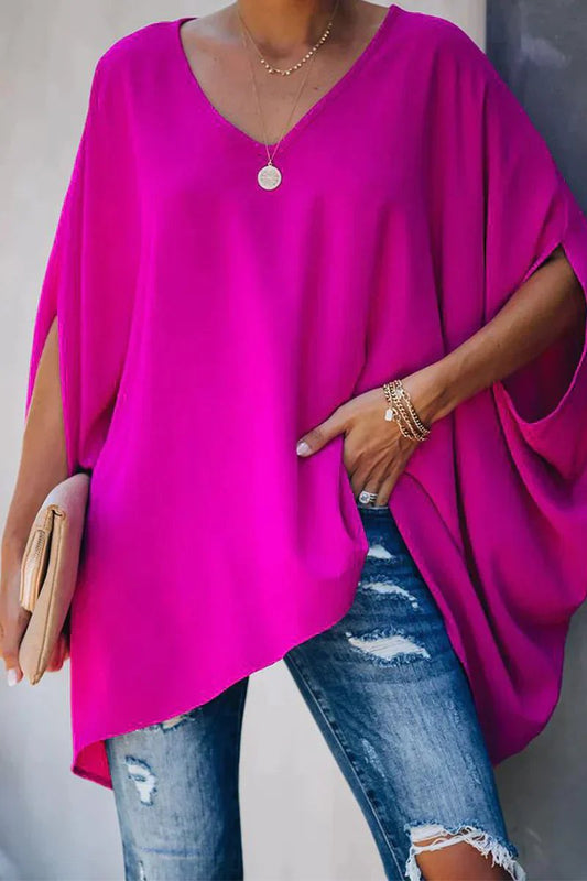 Effortless Tunic Top for Women with V Neck Batwing Sleeve Asymmetrical Hem Flowing Style