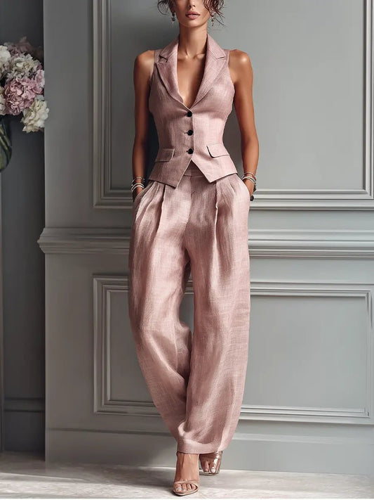 Effortless Light Pink Linen Two Piece Set for Women with Lapel Collar Sleeveless Vest Wide Leg Pant Formal Style