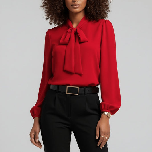 Elegant Silky Blouse for Women with Bow Tie Neck Long Sleeve Balloon Cuff Relaxed Style