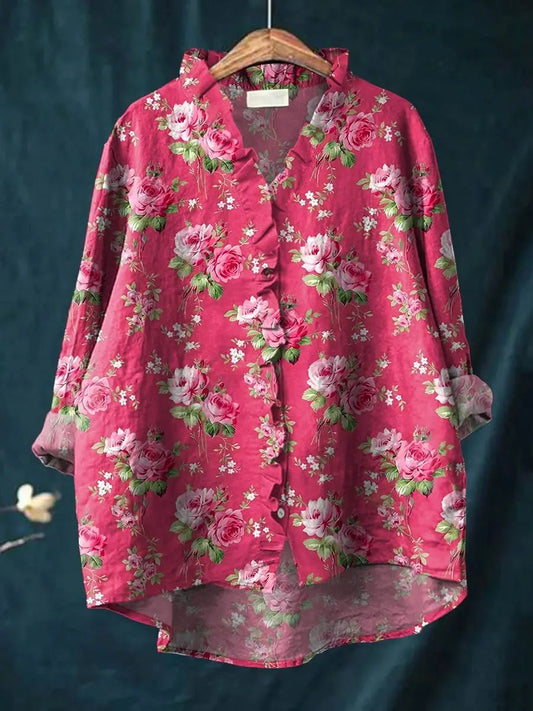 Elegant Pink Floral Blouse for Women with Ruffle Collar Long Sleeve High Low Relaxed Style