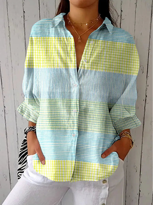 Effortless Multicolor Colorblock Blouse for Women with Collar Long Sleeve Button Front Oversized Style