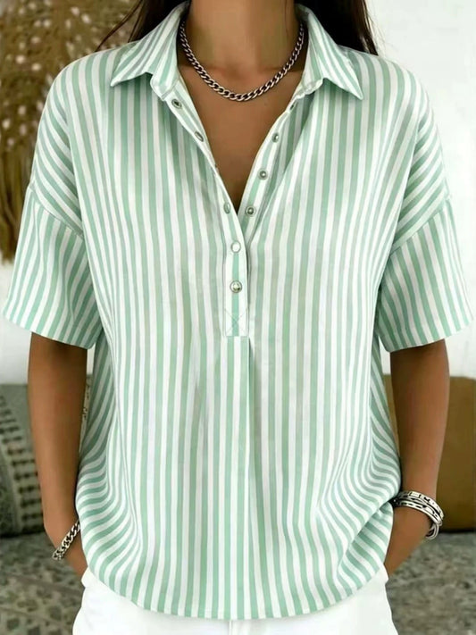 Effortless Striped Blouse for Women with Collar Neck Short Sleeve Button Front Relaxed Casual Style