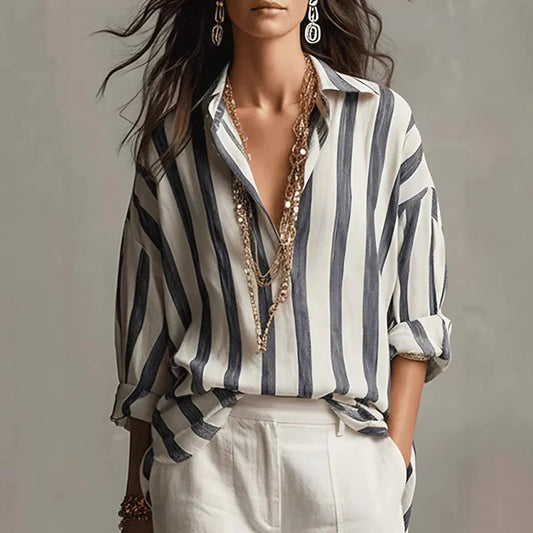 Effortless Striped Blouse for Women with Collar Long Sleeve Oversized Relaxed Style