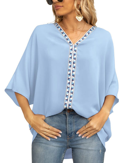 Scarlett | Women's Relaxed V-Neck Geometric Trim Oversized Tunic Top