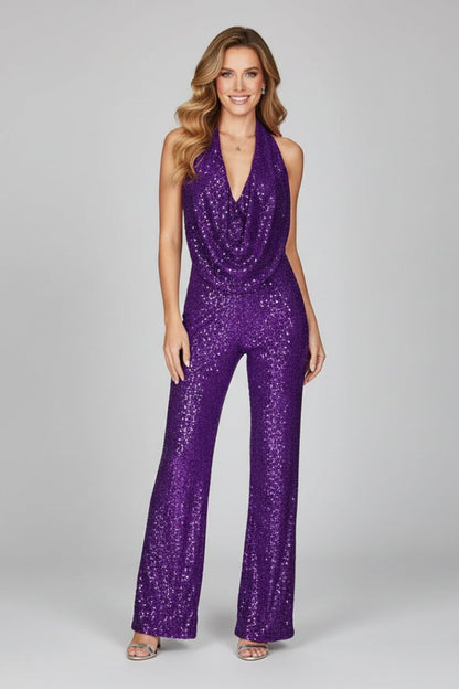 Sophia | Women's Sequin Halter Cowl-Neck Wide Leg Pants Jumpsuit