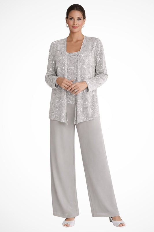 Elegant Sequin Three Piece Set for Women with Open Front Jacket Square Neck Wide Leg Pant Formal Style
