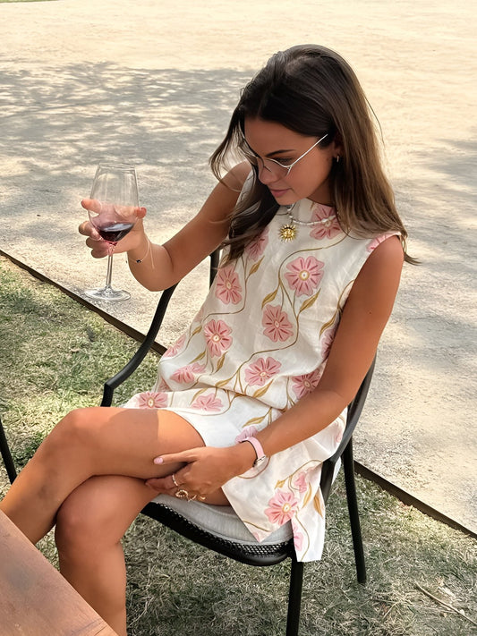 Elegant White Floral Linen Mini Dress for Women with High Neck Sleeveless Embroidered Shift Style
