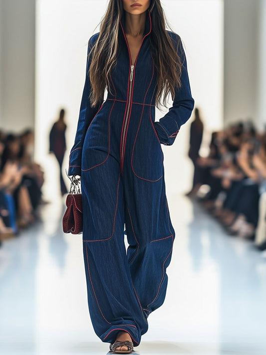 Elegant Dark Blue Denim Jumpsuit for Women with Mock Neck Long Sleeve Wide Leg Relaxed Style