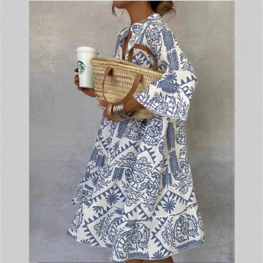 Effortless Tribal Print Midi Dress for Women with V Neck Bell Sleeve Tiered Ruffle Bohemian Style