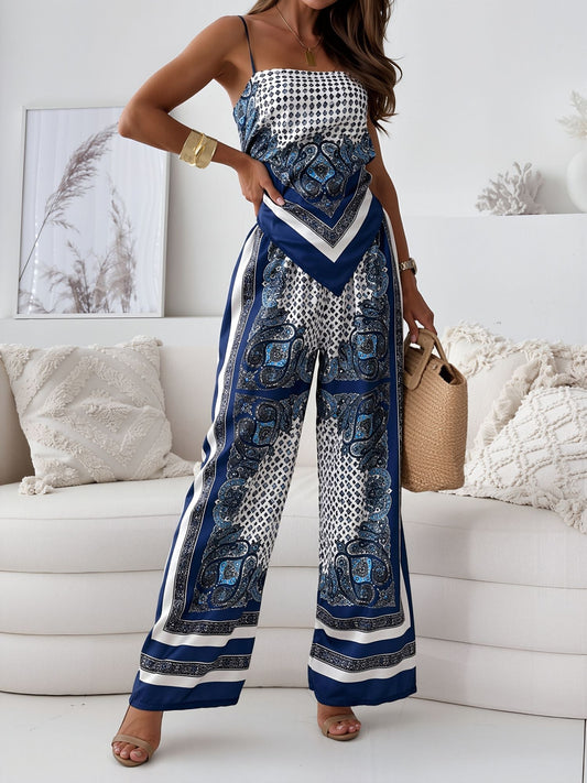 Effortless Paisley Print Jumpsuit for Women with Spaghetti Strap Backless Wide Leg Bohemian Style