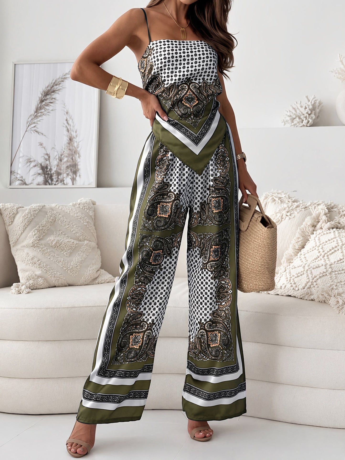 Ximena | Women's Paisley Print Spaghetti Strap Wide Leg Set