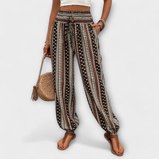 Effortless Boho Striped Pants for Women with High Waist Button Front Tapered Ankle Bohemian Style