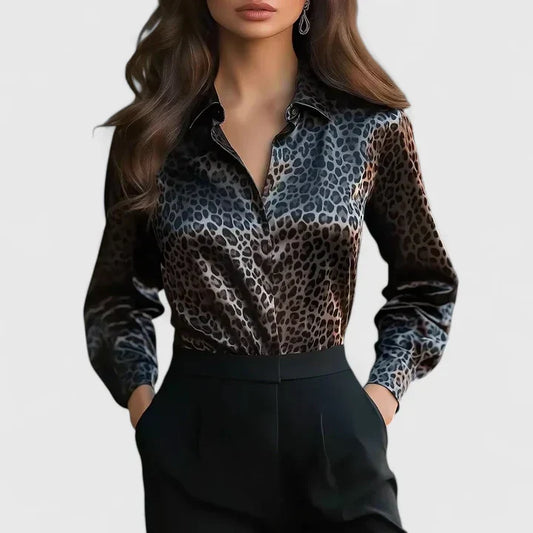 Elegant Leopard Print Silk Blouse for Women with Collar Long Sleeve Button Front Silky Style